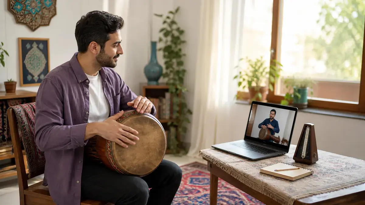هنرجو در حال تمرین تنبک با معلم خصوصی آنلاین