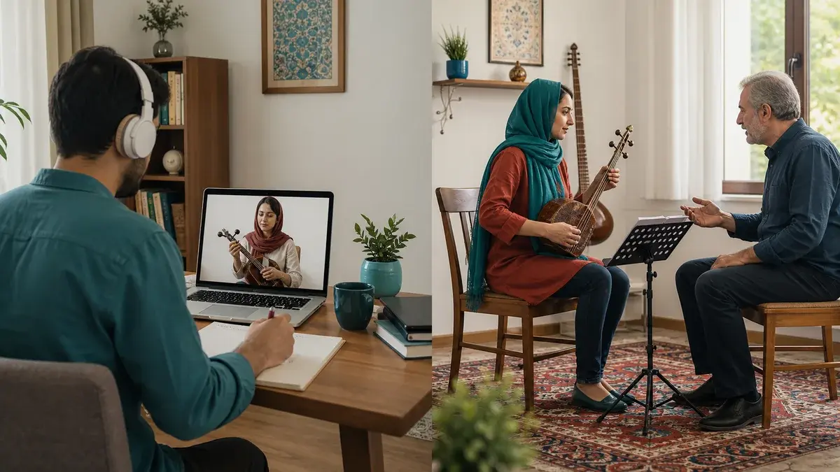 هنرجو در حال کلاس خصوصی موسیقی آنلاین از خانه